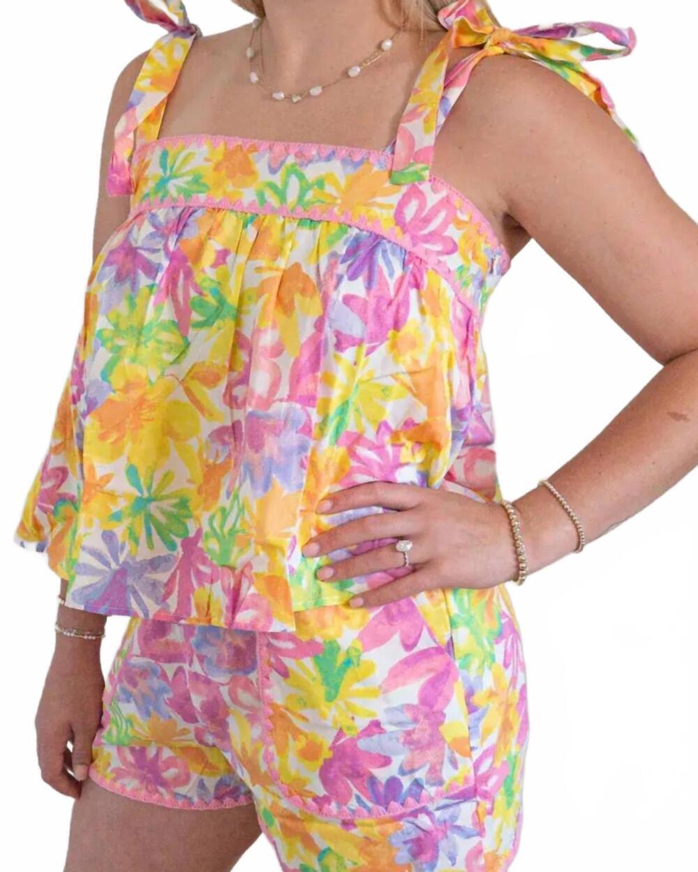 NEW &MERCI floral tie shoulder top and shorts set in lime orange
